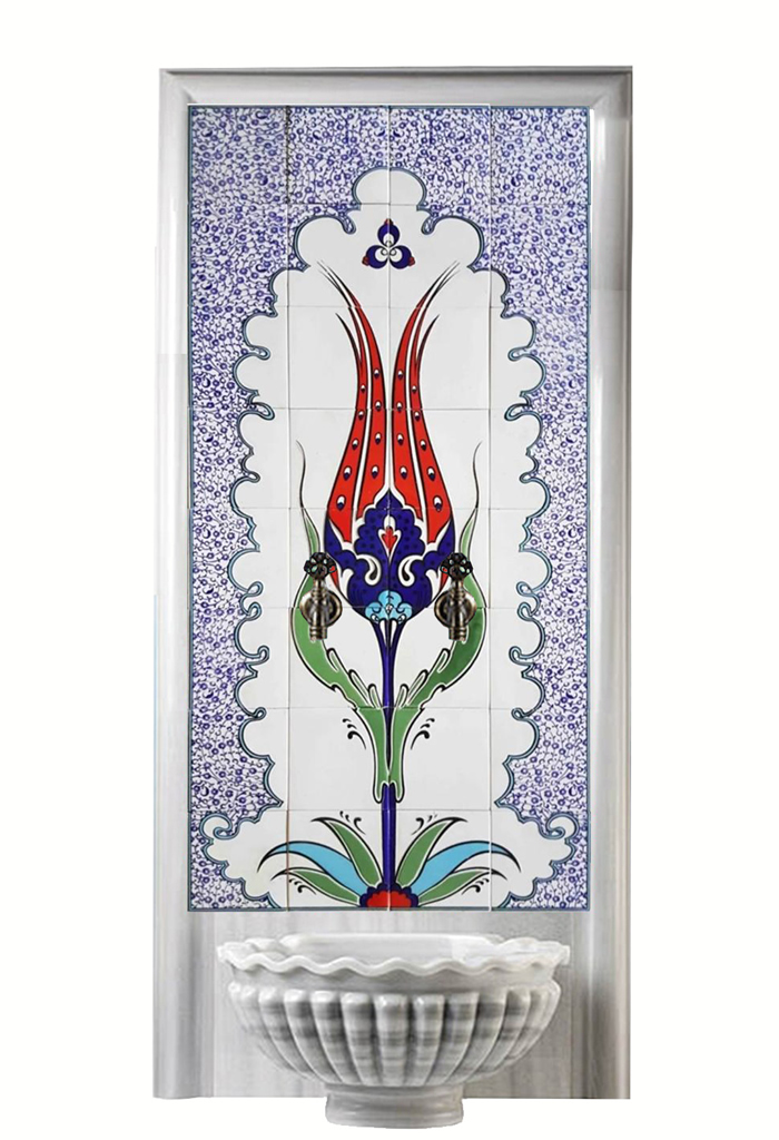 Kurna Arkası Çini Pano-54- 80x160 Lale Desenli Hamam Çini Pano, Lider Çini