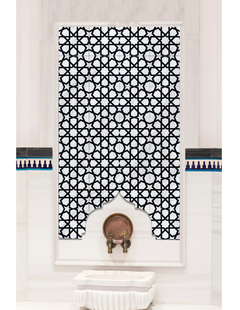 Kurna Arkası Çini Pano-63- 80x160 Hamam Çinisi Selçuklu Motif Siyah Beyaz, Lider Çini